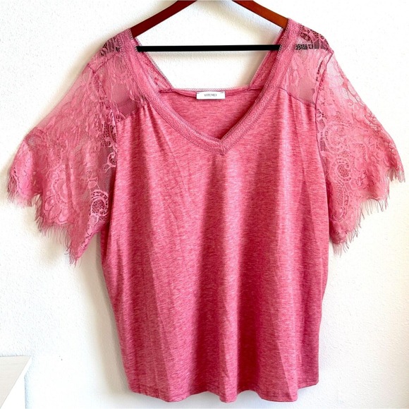 Yitemei Tops - Pink Rose Women's 4XL Short‎ Sleeve V-Neck Fringe Lace Trim Jersey Top
